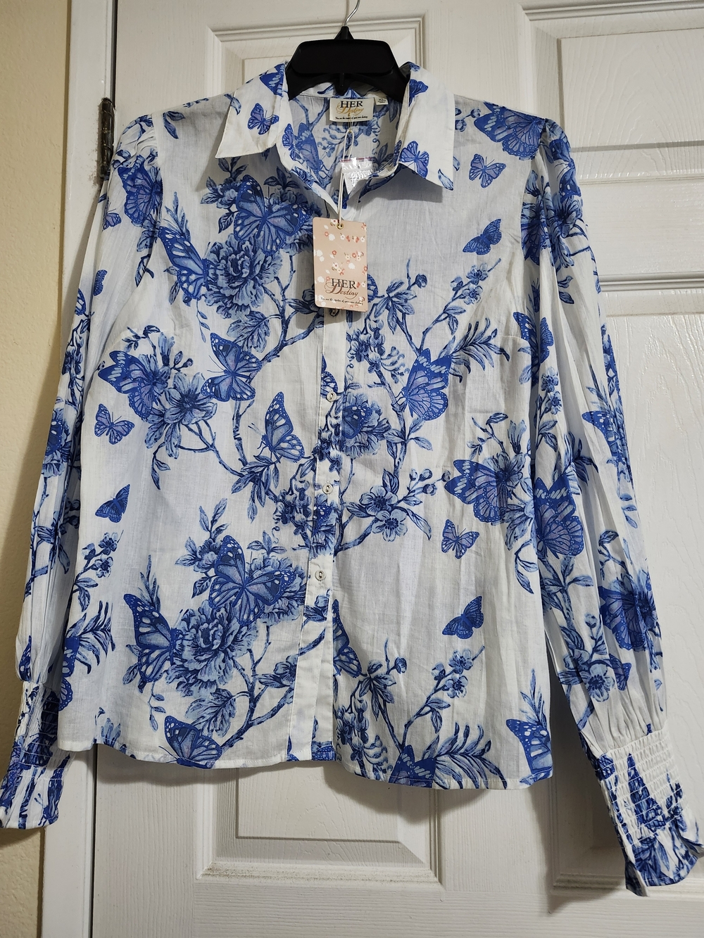 HER Collection White Button-Down Shirt with Blue Floral & Butterfly Print